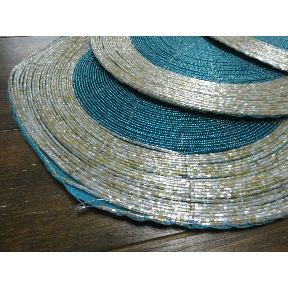 Handmade Heavily Beaded Charger Round Placemats Silver & Teal 13